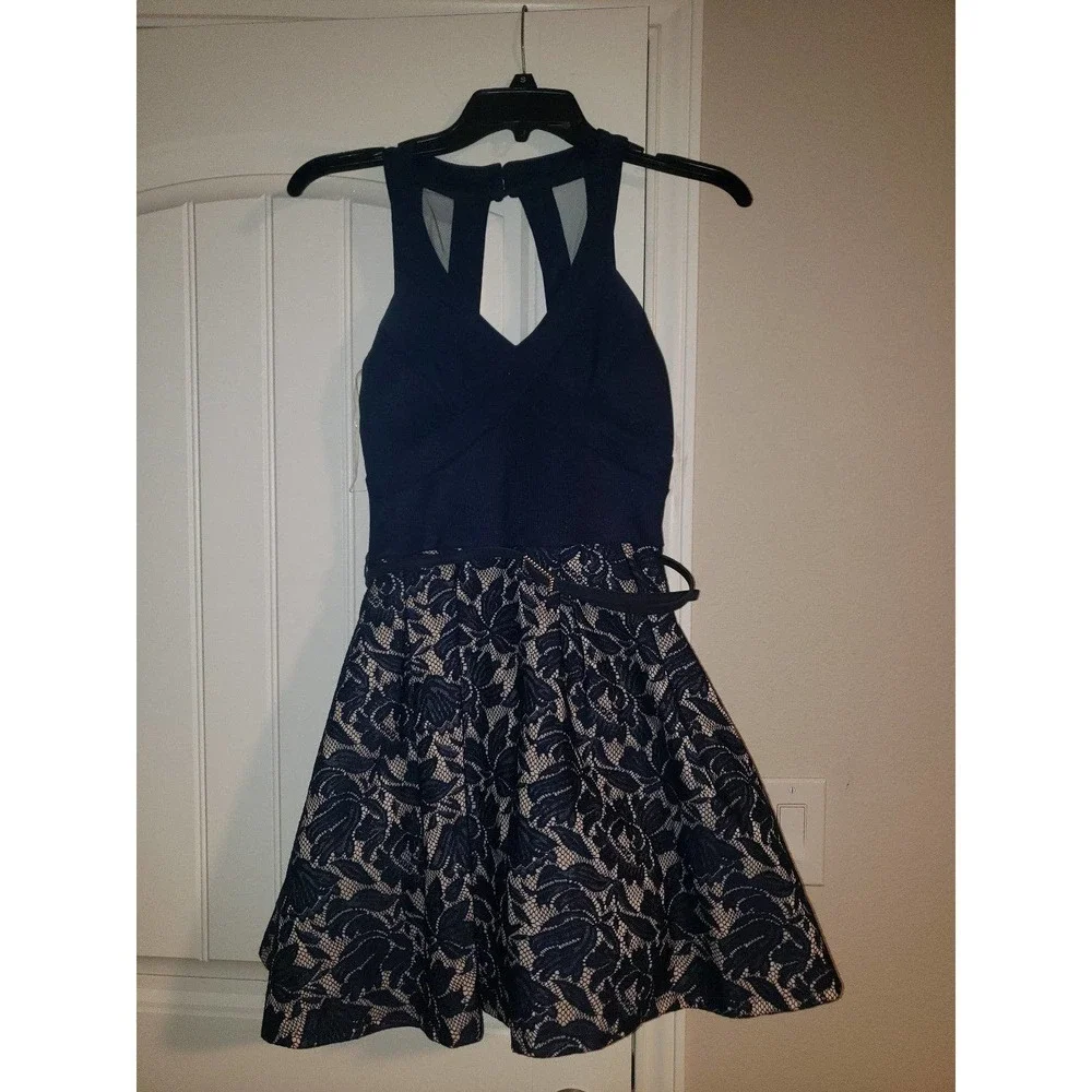 Like New Navy Blue above knee cocktail dress size 3 by Crystal Doll - Picture 2 of 6